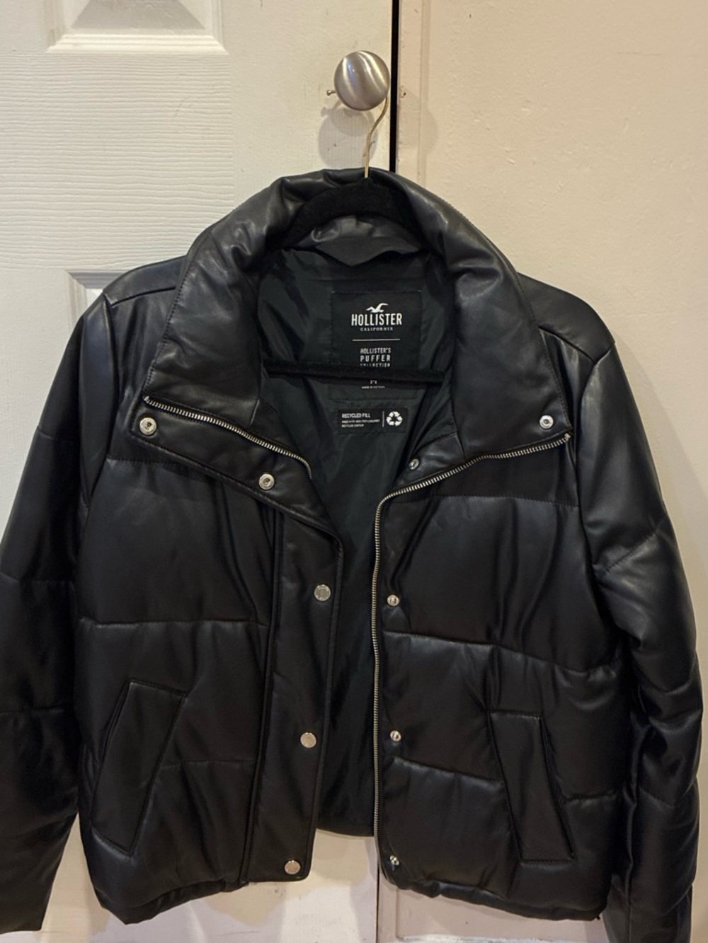 Hollister Black Faux Leather Puffer Jacket - Men's Quilted Coat